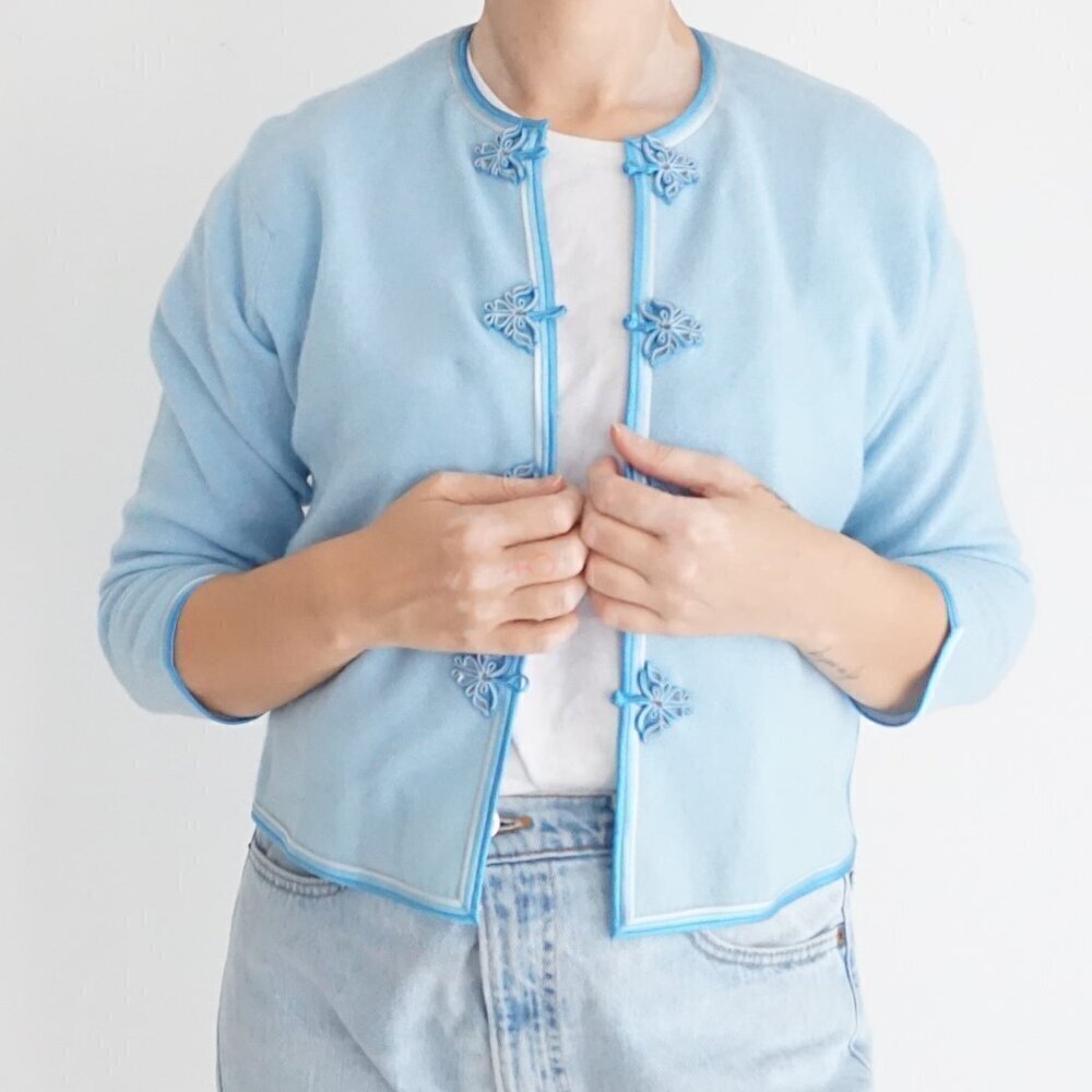 Vintage  English Sports Shop Bermuda Baby Blue Cropped Sweater Jacket Small